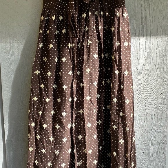 1970s M.G.M. Brown Polka Dot Halter Maxi Dress Prairie Embroidered Hem Sz 10 - Picture 14 of 16